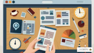 Hands holding a smartphone displaying marketing content, surrounded by digital marketing materials, charts, and a laptop, symbolizing strategies for enhancing online presence and engagement for small businesses.