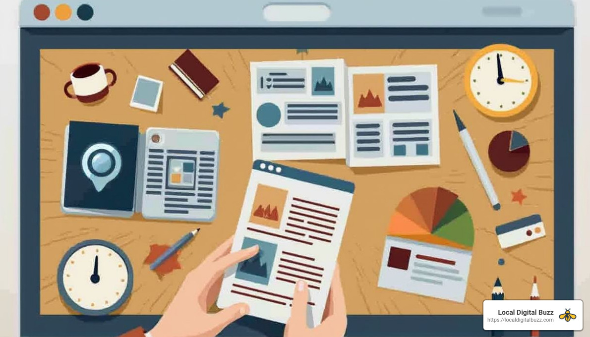 Hands holding a smartphone displaying digital marketing content, surrounded by a laptop, documents, charts, a clock, and a coffee cup, emphasizing online presence and content creation strategies for businesses.