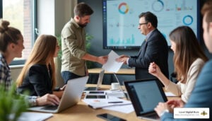 Business meeting with team discussing lead generation strategies, analyzing data on screen, and collaborating with documents at a conference table, featuring Local Digital Buzz branding.