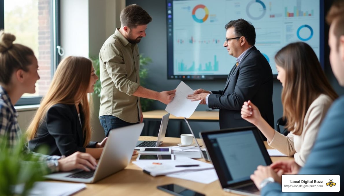 Business meeting with professionals discussing lead generation strategies, exchanging documents, and analyzing data on a screen, emphasizing collaboration and marketing insights.