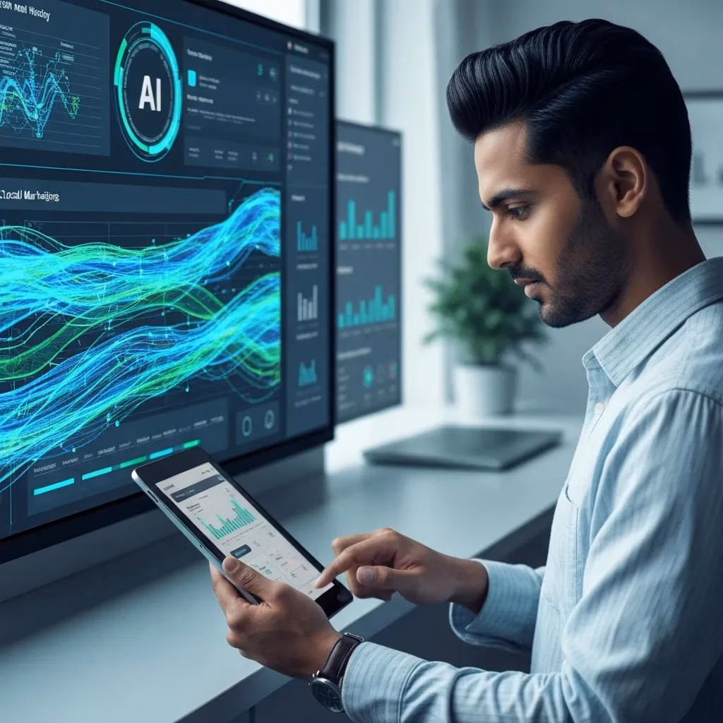 Man using tablet to analyze AI-driven digital marketing data on large screens, showcasing trends and metrics for local businesses.