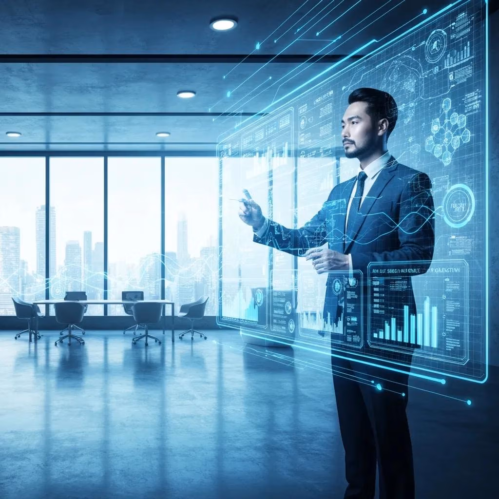 Business professional analyzing AI-driven marketing analytics in a high-tech office environment with digital data visualizations and graphs.