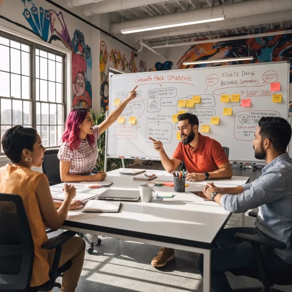 Team collaborating on growth hack strategies for local businesses, discussing tactics around a whiteboard filled with notes and diagrams in a modern workspace.