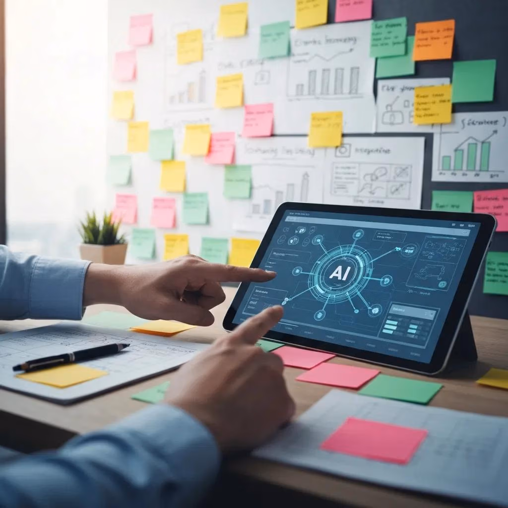 Marketing professional utilizing AI tools on a tablet in a creative workspace, surrounded by colorful sticky notes and charts, illustrating lead scoring and automation for enhanced conversion rates.