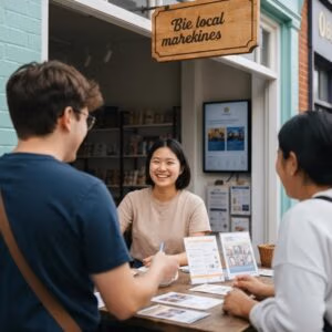 Small business owner engaging with customers in a vibrant local setting, showcasing community-focused marketing strategies