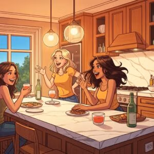 Three women enjoying a casual gathering in a modern kitchen, sharing food and drinks, with a warm atmosphere and natural light streaming through the window.