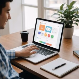 Small business owner using digital marketing software in a cozy office setting