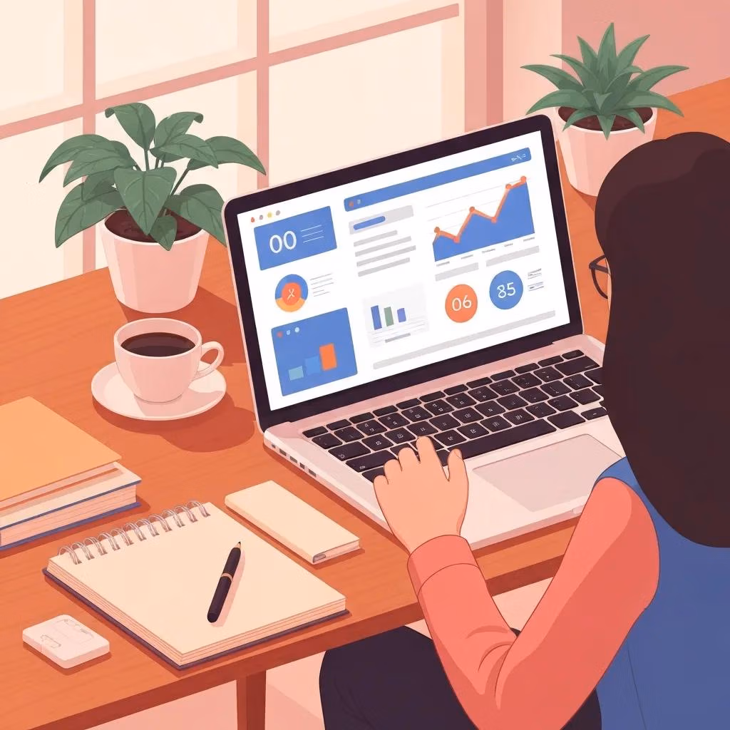 Small business owner using digital marketing software in a cozy office setting