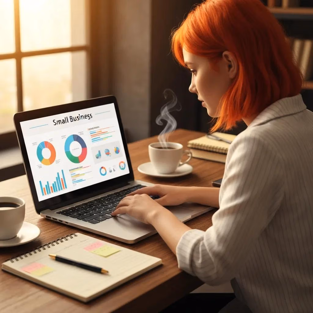 Small business owner utilizing digital marketing tools in a cozy office environment