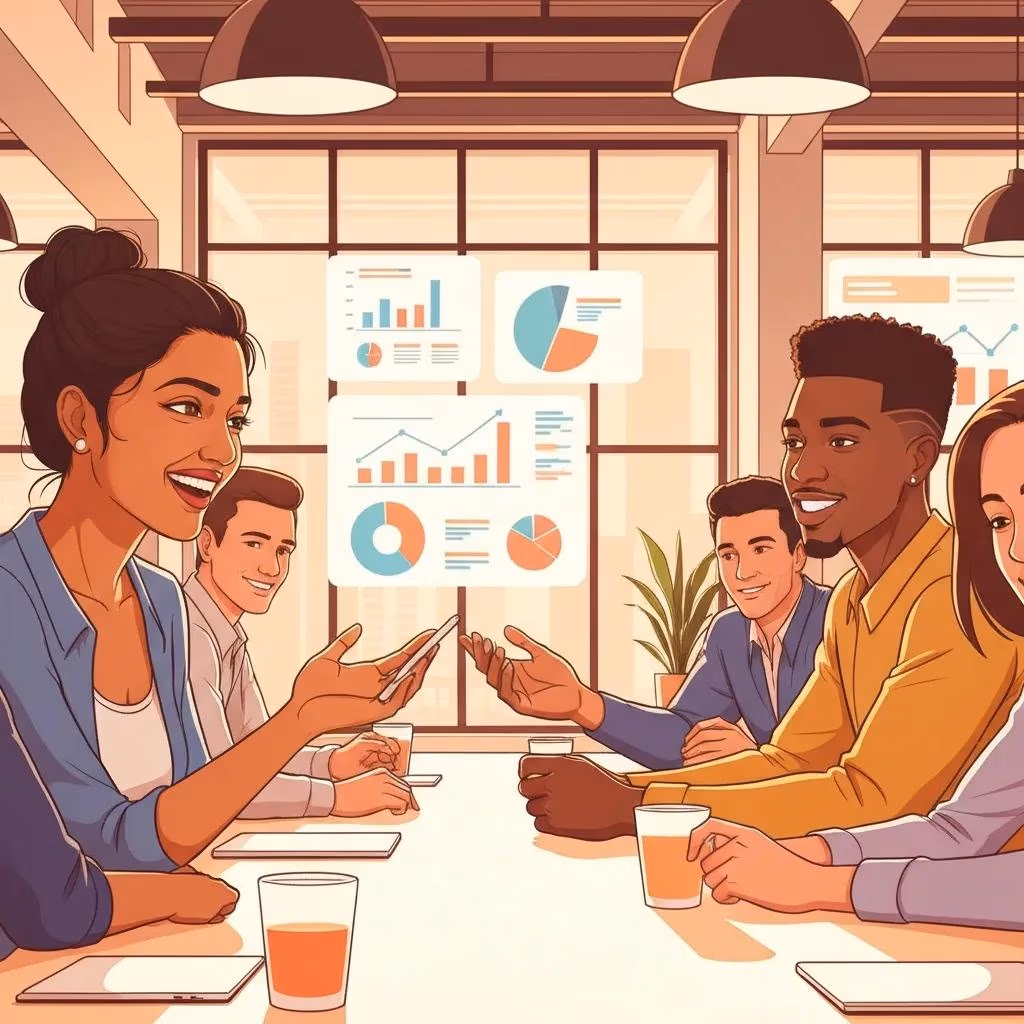 Group of small business owners discussing local lead generation software benefits in a collaborative meeting, with charts and graphs displayed on the wall illustrating marketing performance and strategies.