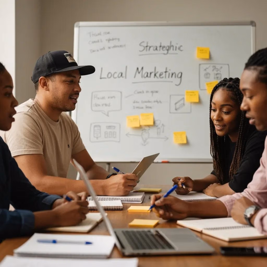 Group of diverse individuals brainstorming local marketing strategies at a table, with a whiteboard displaying "Strategic Local Marketing" and sticky notes, emphasizing collaboration for small business digital marketing goals.