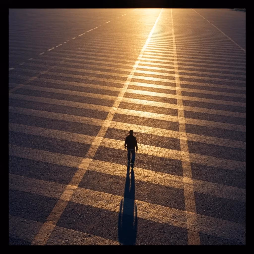 Person walking on striped pavement towards a sunset, symbolizing progress and direction in lead generation for small businesses.