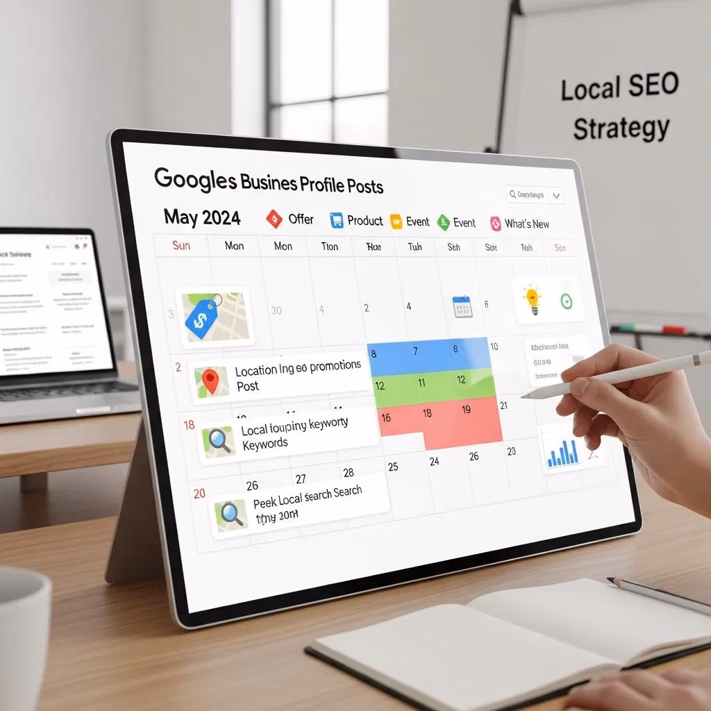 Content calendar layout for scheduling Google Business Profile posts with local SEO focus