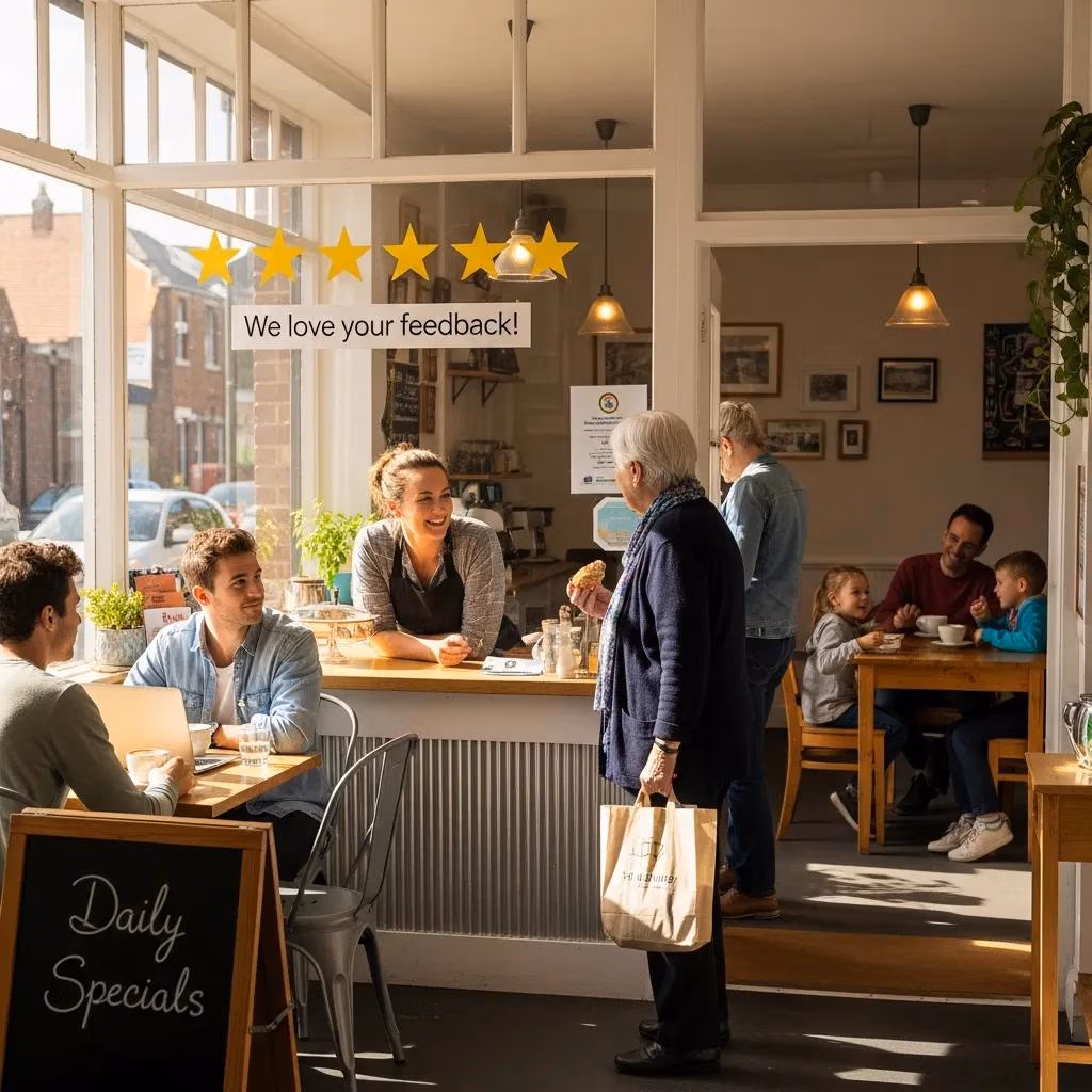 Local business owner engaging with customers, highlighting the importance of Google reviews for reputation management