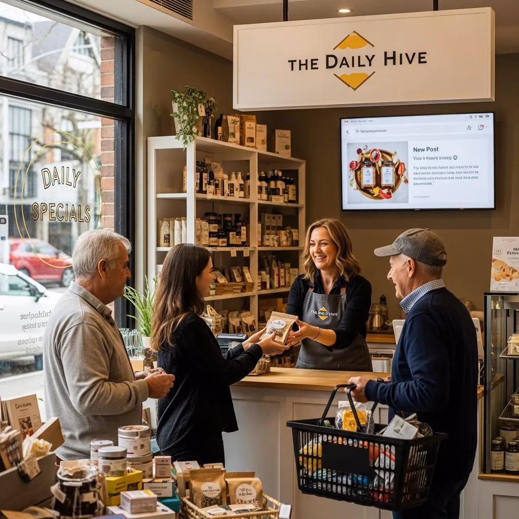 Local business owner engaging with customers in a vibrant storefront, highlighting Google Business Profile optimization