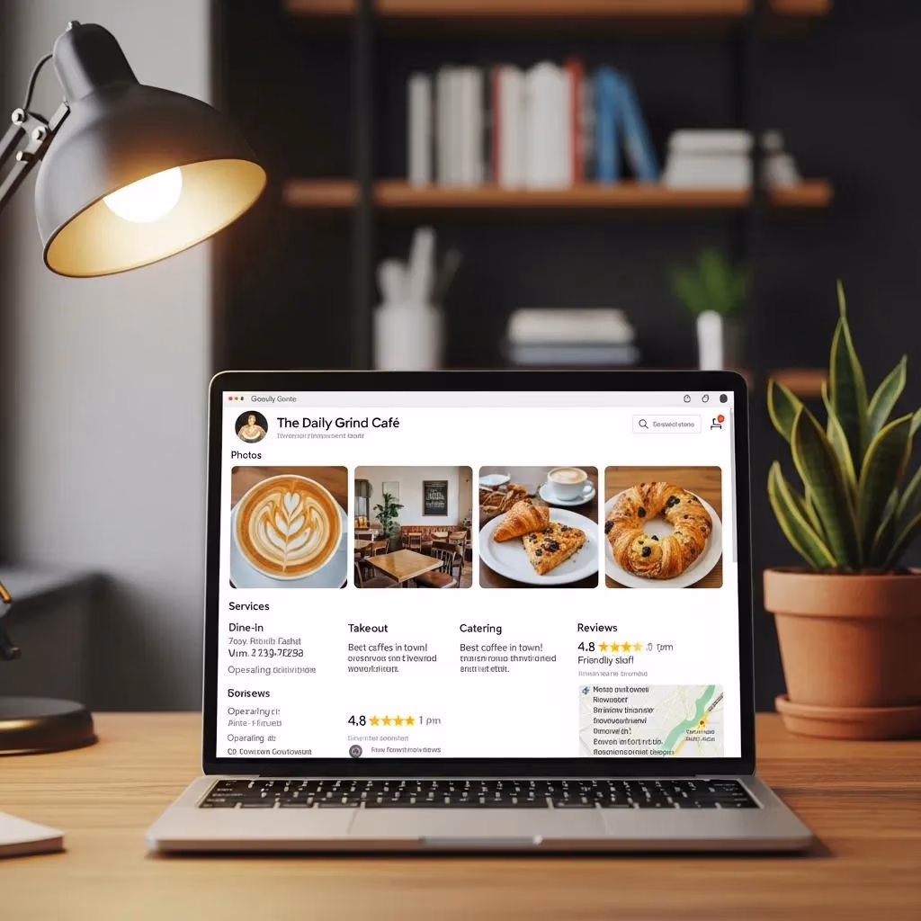 Google Business Profile on a laptop showing key elements for review management