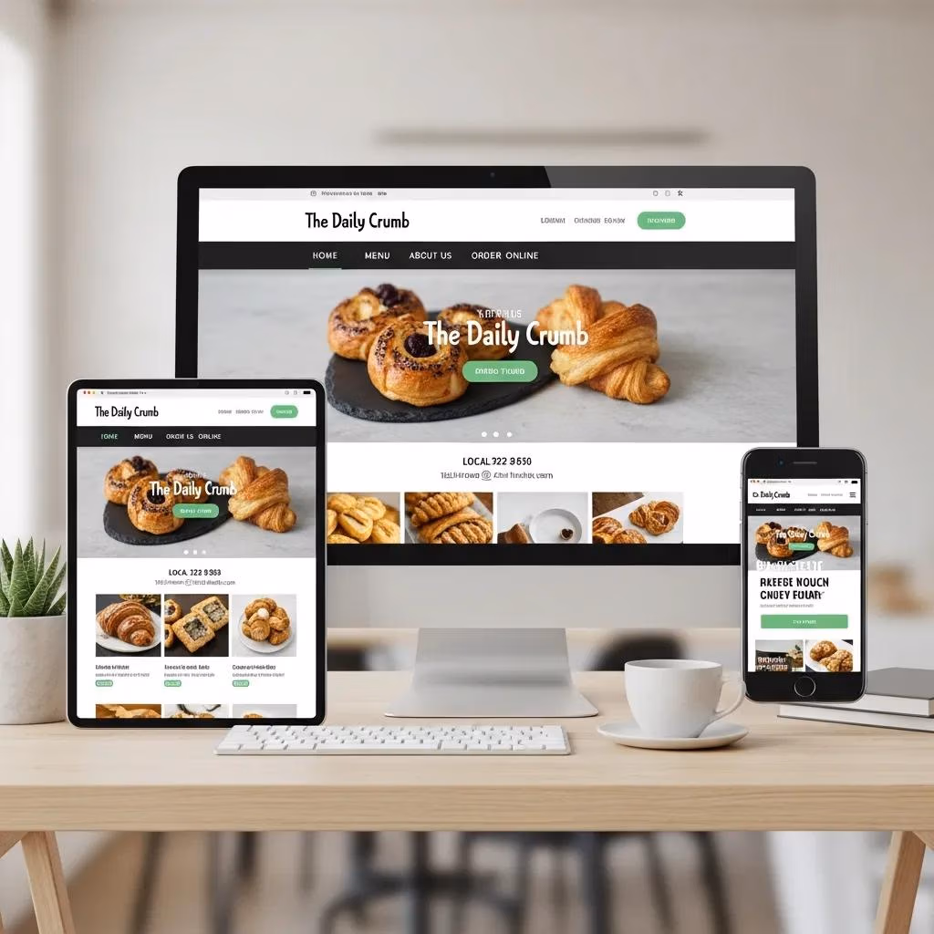 Responsive layout shown on phone, tablet, and desktop for local businesses