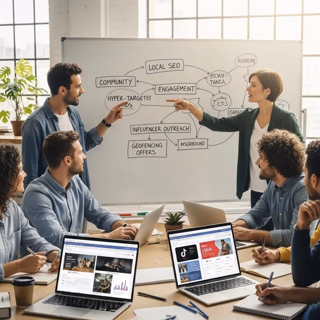 Social team planning local-first social content and ad creative