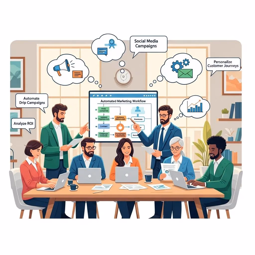 Small business team collaborating on an automated marketing plan