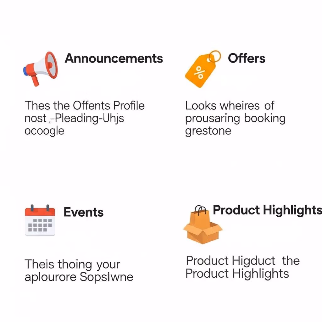 Diagram showing announcements, offers, events, and product posts for Google Business Profile